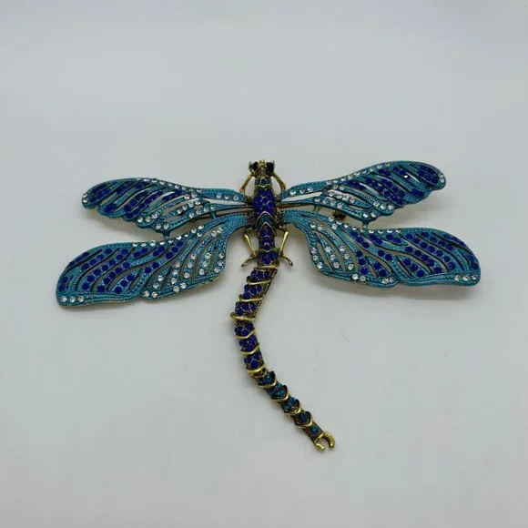 Dragonfly Brooch Articulated Tail Blue Teal Rhinestones Statement 5 inch wide - Picture 1 of 16